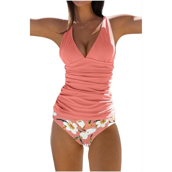 NWT Beachsissi Floral Swimsuits V-Neck Tummy Control Tankini Set Pink Women's XL - Picture 1 of 9